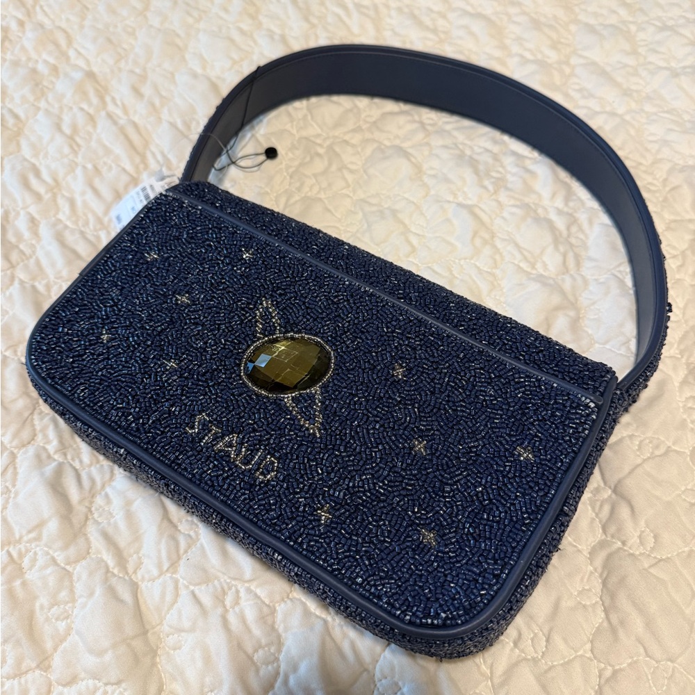 STAUD Navy Beaded Shoulder Bag with Multicolored Gem Embellishments - Picture 7 of 10
